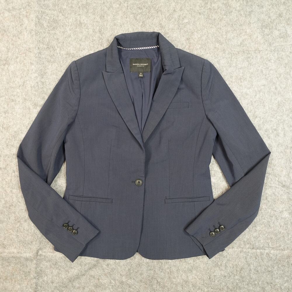 Banana Republic Blazer Womens 2 Classic Fit Washable Italian Wool Blend Navy‎